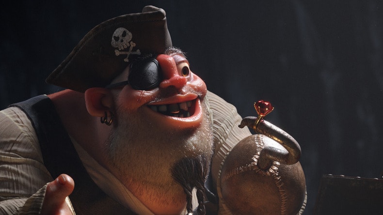 3D pirate with eye patch, gold hook left hand and treasure