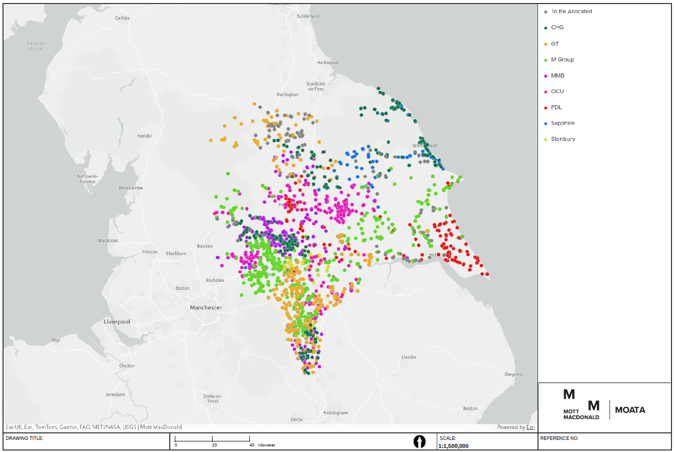 A geospatial view of survey locations across the Yorkshire Water region, helping teams plan visits and move from site context into asset records 