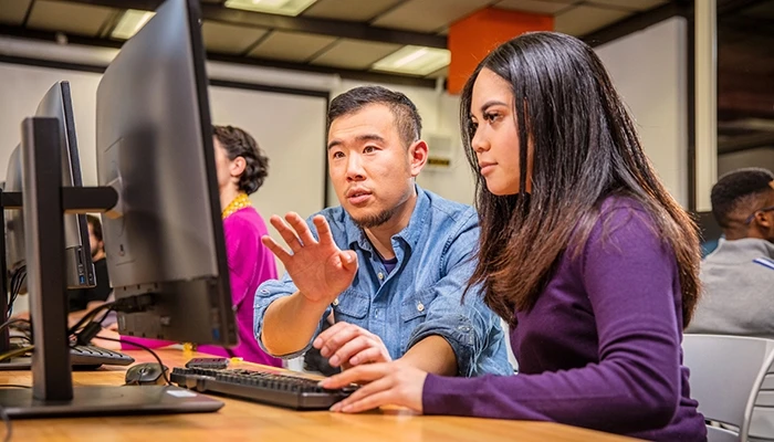 Two people sitting down in front of a computer screen looking at it