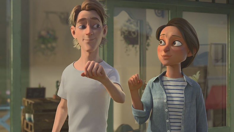 A still from an animated film shows two human-like characters.