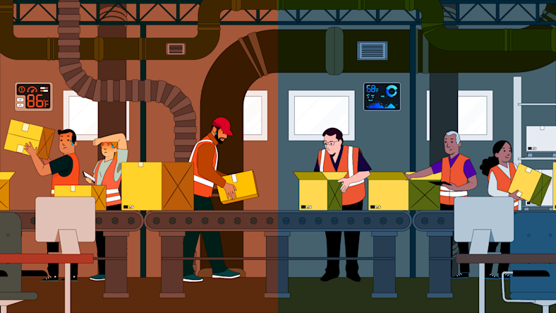 Illustration of workers on assembly line, left shows room is overheated, right shows comfortable AI-controlled HVAC