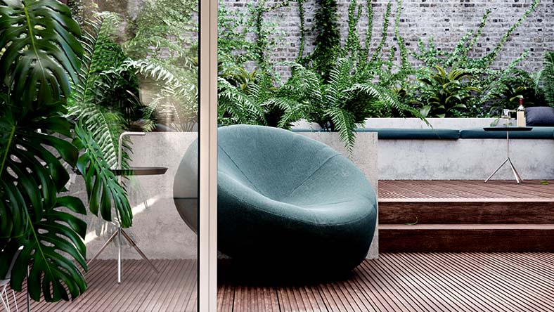 3D rendering of chair on patio with plants