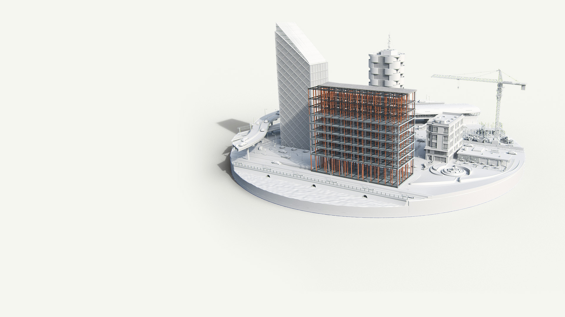 Architectural visualization of buildings and infrastructure displayed in a 3D model environment.