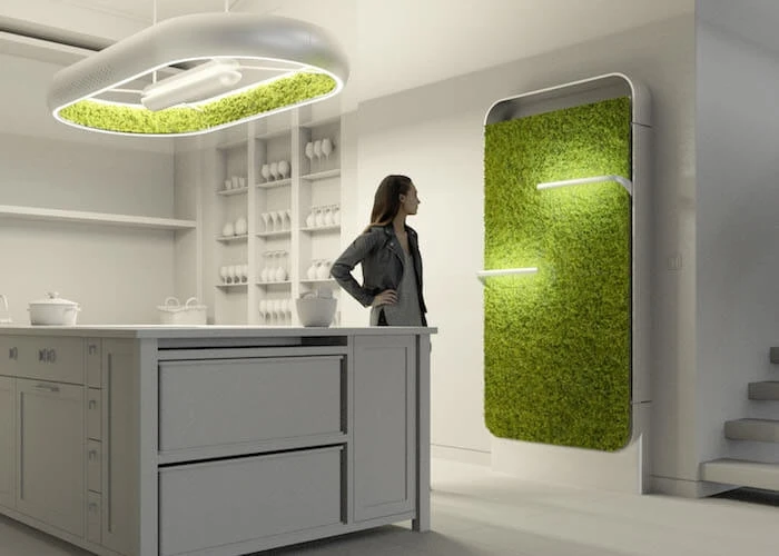 rendering of a woman in a white kitchen with a wall of plants—CREO’s smart green ecosystem low-carbon products 