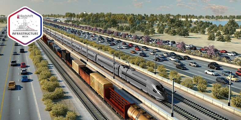 Aerial rendering of rail and road travel.