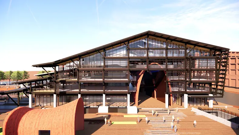 A renovated ceramic factory with glass and steel architecture takes shape.