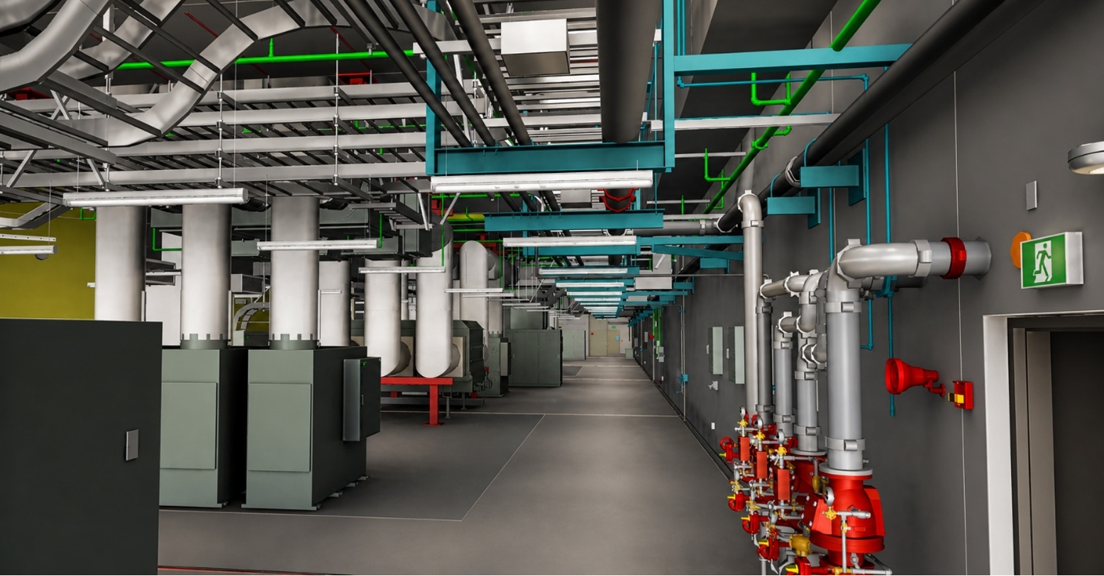 Powerhouse generator floor corridor highlighting a fully coordinated BIM environment with integrated building systems.