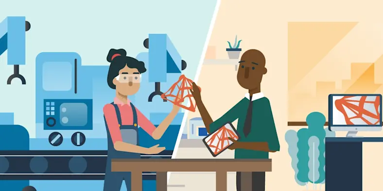 Illustration of two workers in a factory comparing a product's design and the manufactured unit.