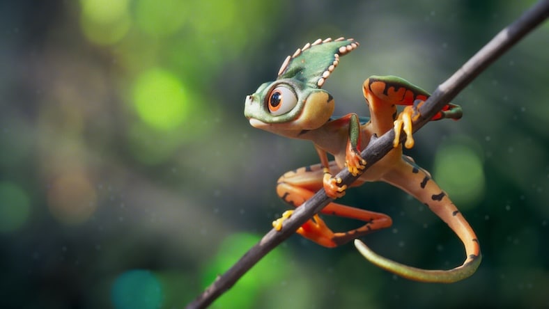 3D rendering of an animated chameleon on a branch