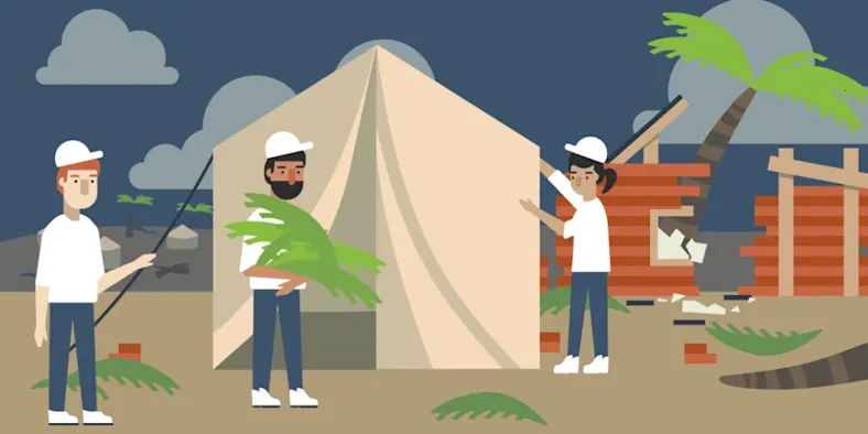Illustration of people setting up a tent and cleaning up debris after a natural disaster