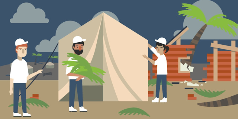 Illustration of people setting up a tent and cleaning up debris after a natural disaster