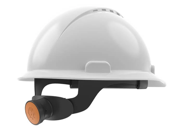 Smart hard hat WakeCap with monitoring unit attached to ratchet knob