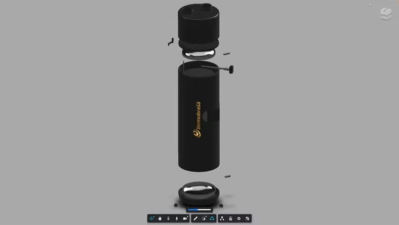 Screenshot of a 3D rendering of a Termobrasa water heater in exploded view.
