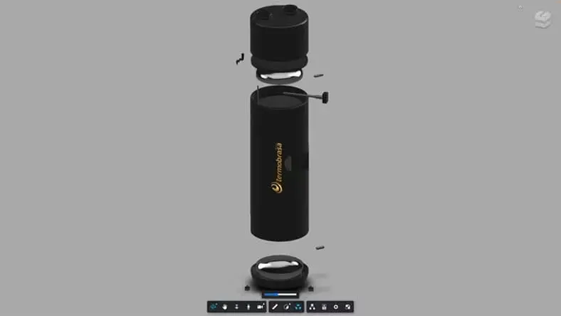 Screenshot of a 3D rendering of a Termobrasa water heater in exploded view.