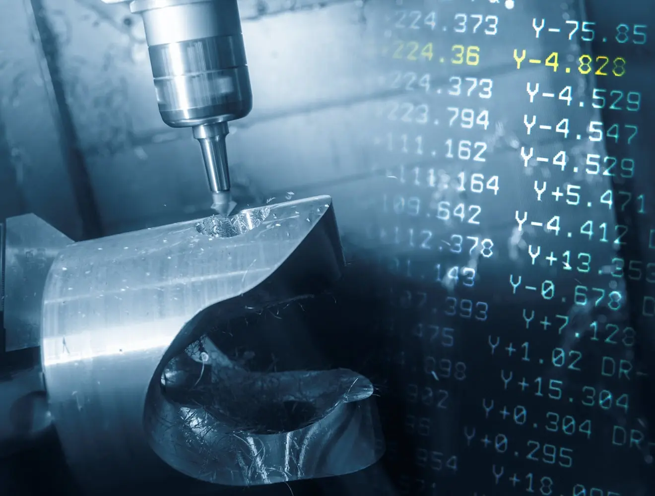 Abstract scene of 5-axis CNC milling machine and the NC code