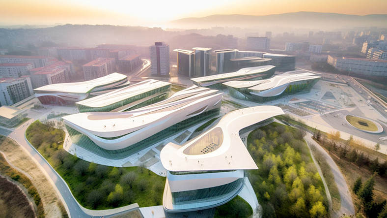 A rendering showing a futuristic college campus