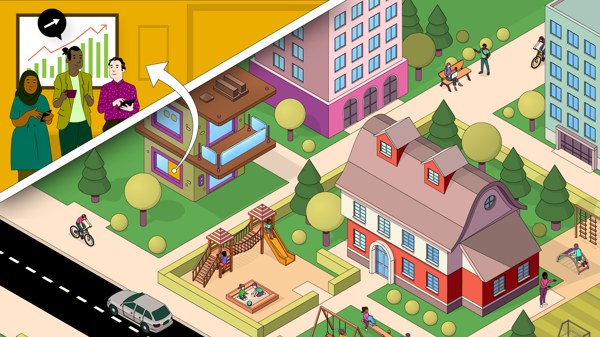 an illustration of an architecture firm seeing profits rise because the diverse workforce built a thriving community