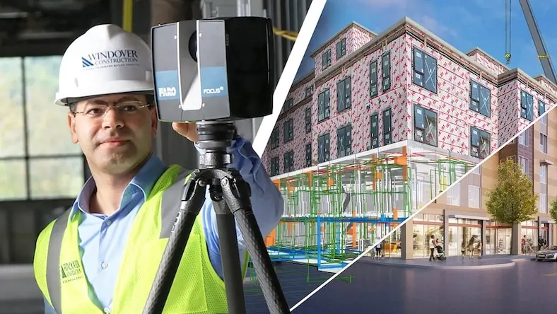 A composite image shows a man with a hard hat on the left side and a rendering of a mixed-use commercial/residential complex on the right side.