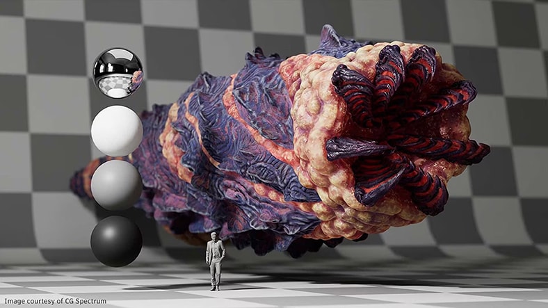 An otherworldly sandworm takes shape on a designer's computer screen.