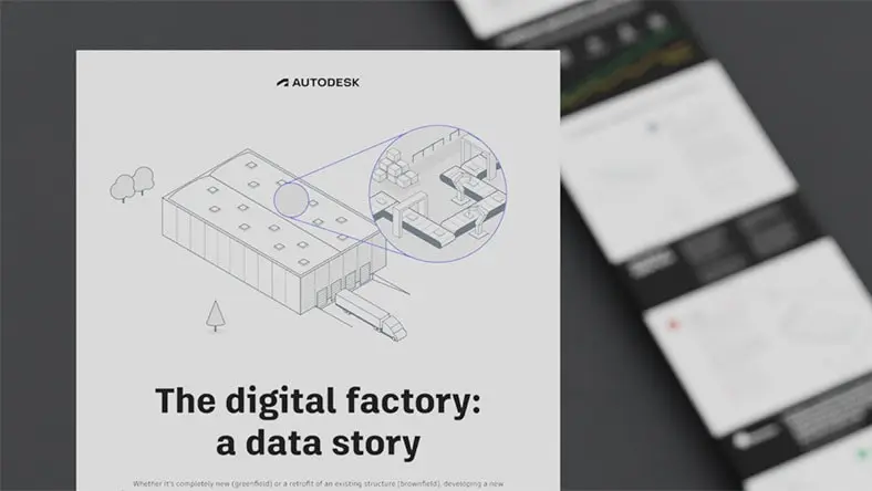 Infographic cover with illustration of factory exterior and vignette of production line