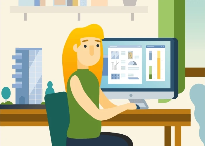 illustration of a woman at a desk typing on a computer