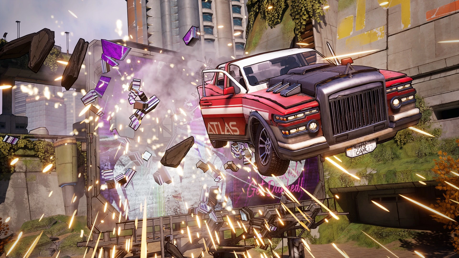 Scene of a car crashing through a billboard in the game New Tales from the Borderland.