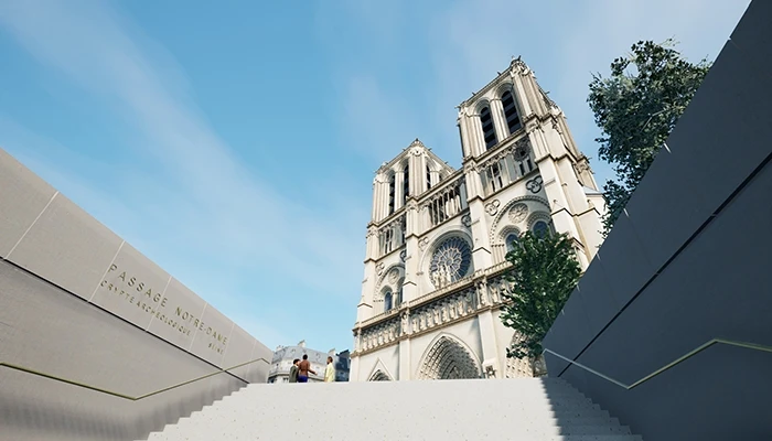 Looking up at Notre-Dame from staircase