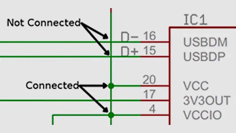 Connected and not connected wire indicators in circuit diagram.
