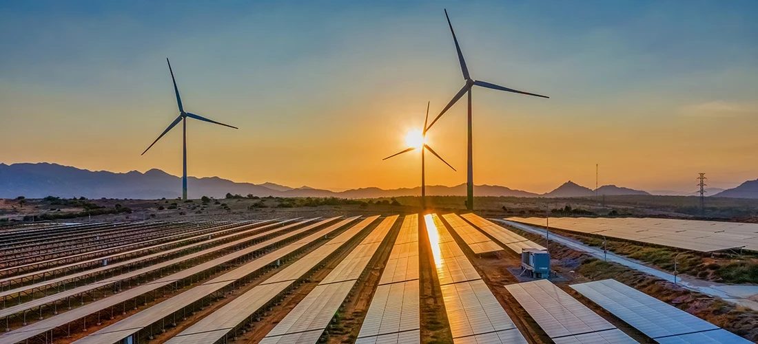 Wind turbine and solar panel installation. 