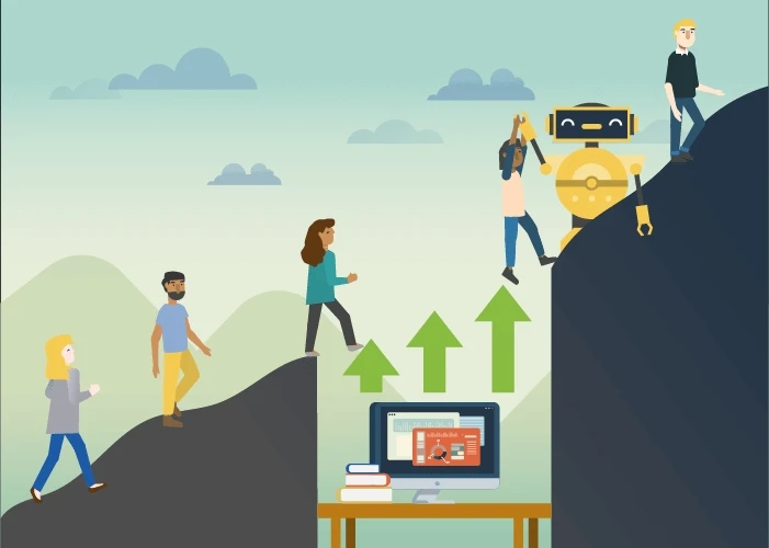 illustration of diverse people climbing a mountain