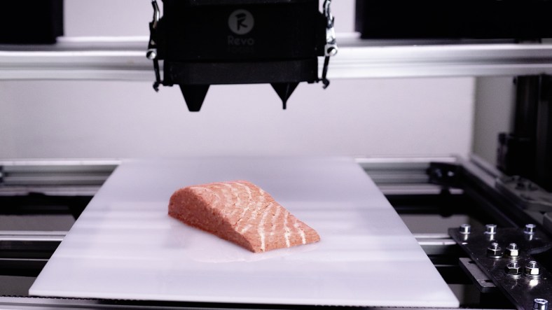 Revo Foods 3d printed salmon alternative on production line