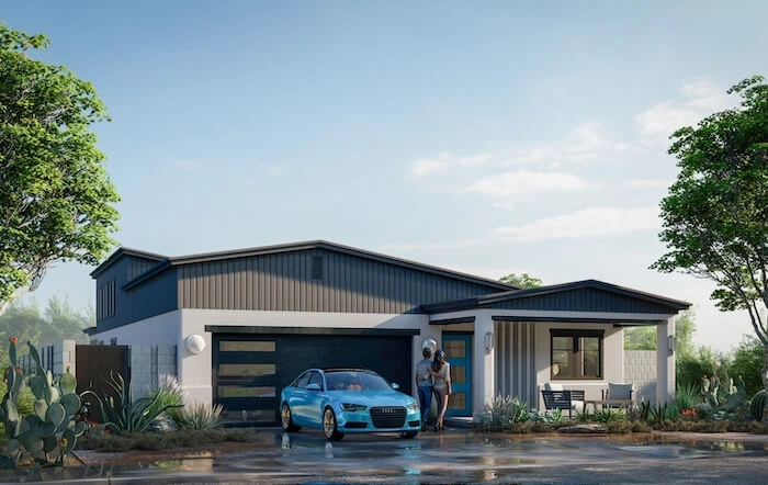 Exterior rendering of the 1,722-square-foot Habitat for Humanity 3D-printed house