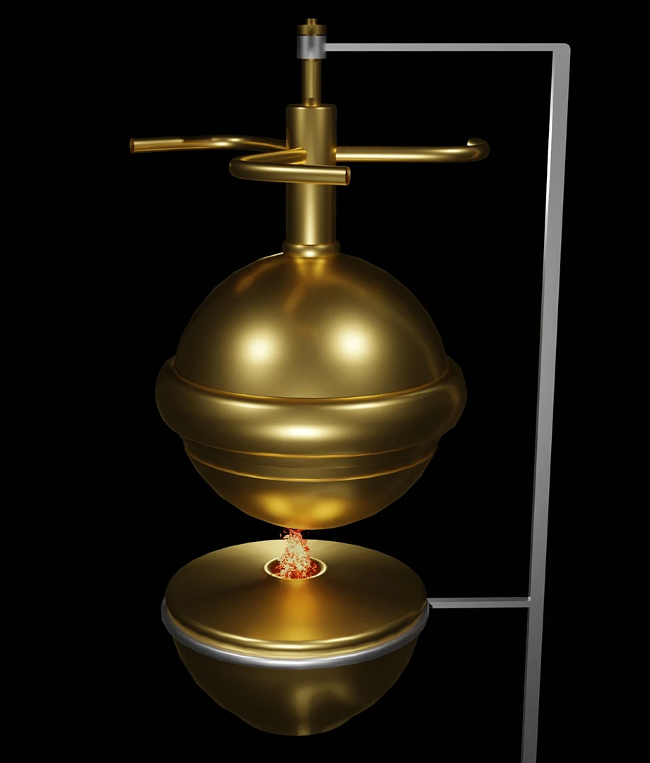 An aeolipile, or early steam engine, is on a black background. 