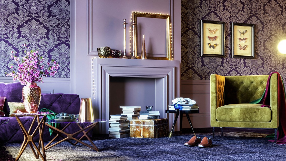 Purple sofa and green couch line the chic purple-toned room, books are stacked in front of a fireplace and butterfly specimens adorn the walls.