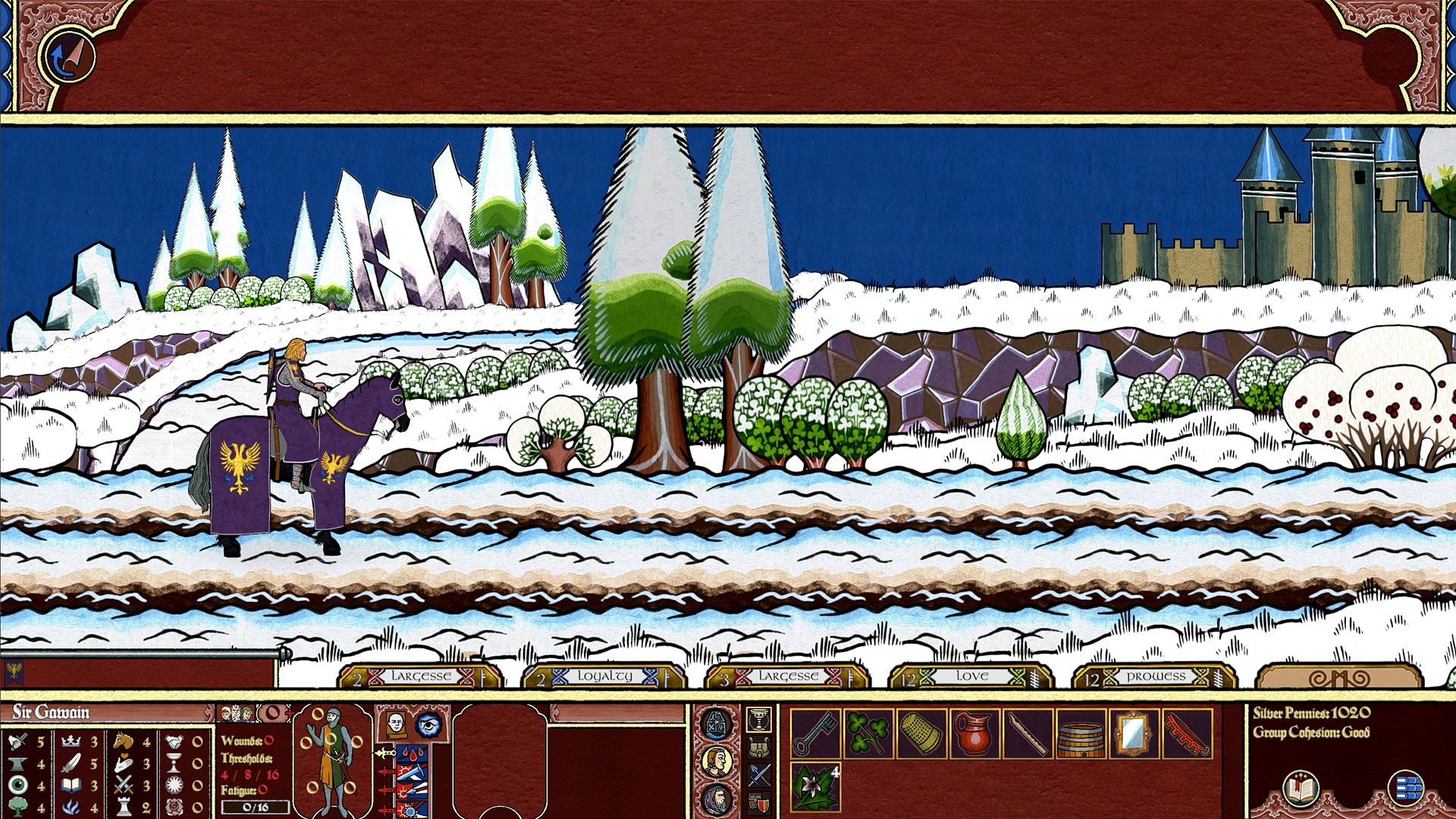 A screen in a video game is rendered in a flat style reminiscent of medieval tapestries.