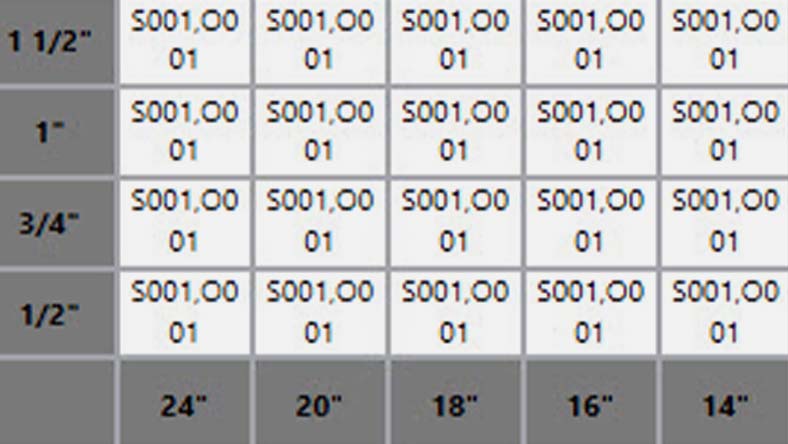 Table listing pipe sizes (1 1/2", 1", 3/4", 1/2") and lengths (24", 20", 18", 16", 14") with repeating "S001,00 01" values.