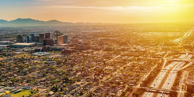 Aerial view of a city considered an urban heat island