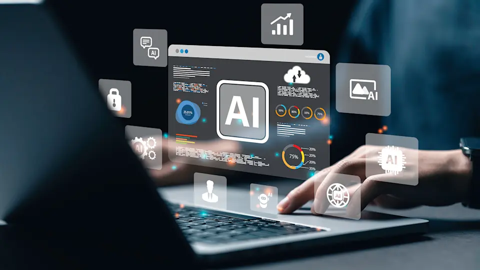 A composite image illustrates the many facets of AI, superimposed over a laptop.