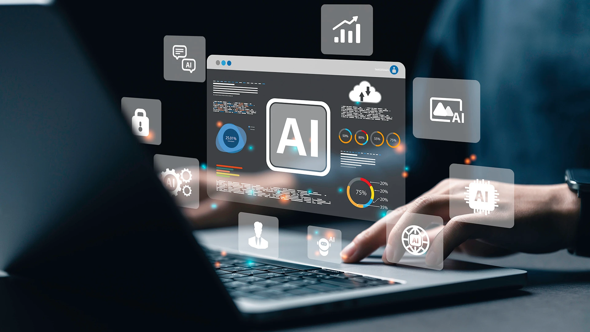 Mehrere Symbole, die verschiedene Aspekte von KI zeigen, sind als Fotomontage vor einem Laptop angeordnet.