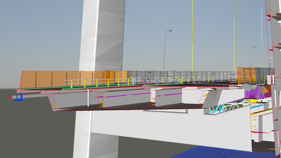  A digital cross-section of a suspension bridge illustrates structural components, pedestrian pathways, and mechanical systems.