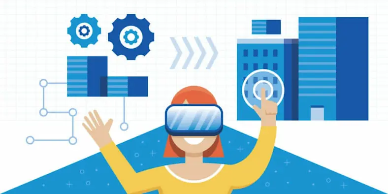 Illustration of a woman wearing VR goggles and working in a building simulation