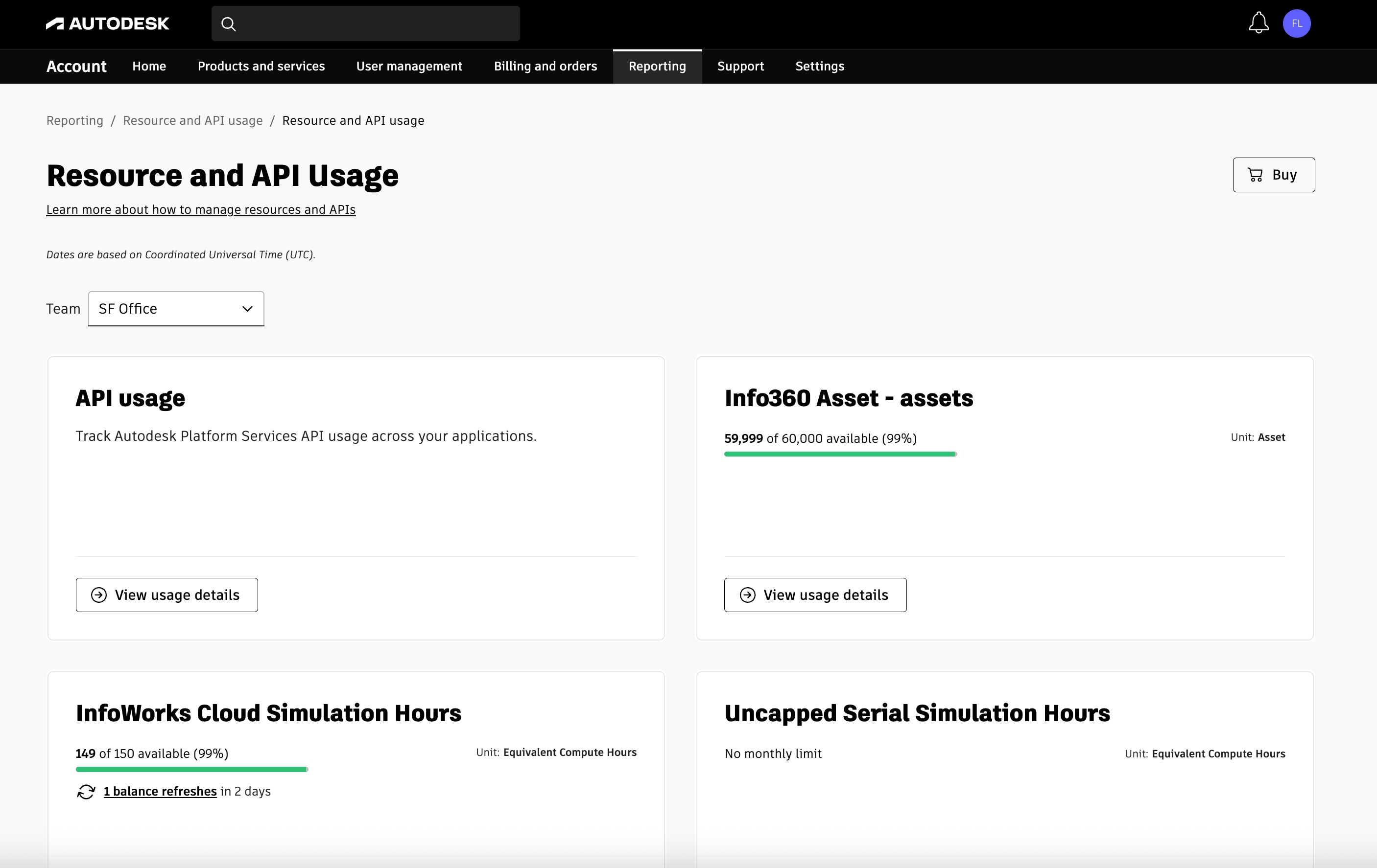 Dashboard showing API and capacity-based products usage.