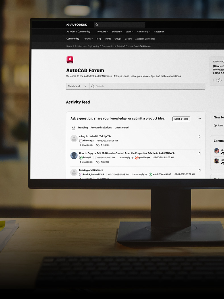 Screen showing Autodesk's AutoCAD Community Forum branding, featuring the forum's logo and design elements.