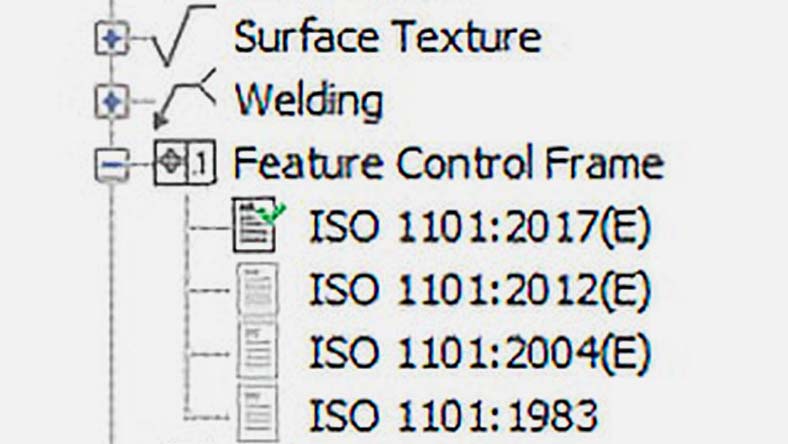 Menu showing Surface Texture, Welding, and Feature Control Frame options with ISO 1101 standards from 1983 to 2017 listed.