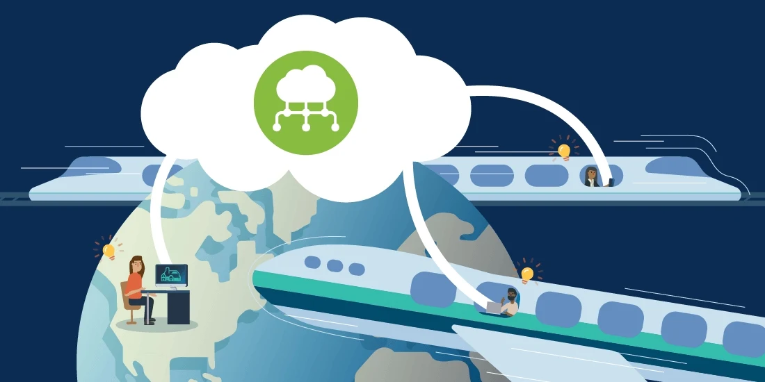 Illustration of woman on laptop communicating with plane and train passengers across the globe