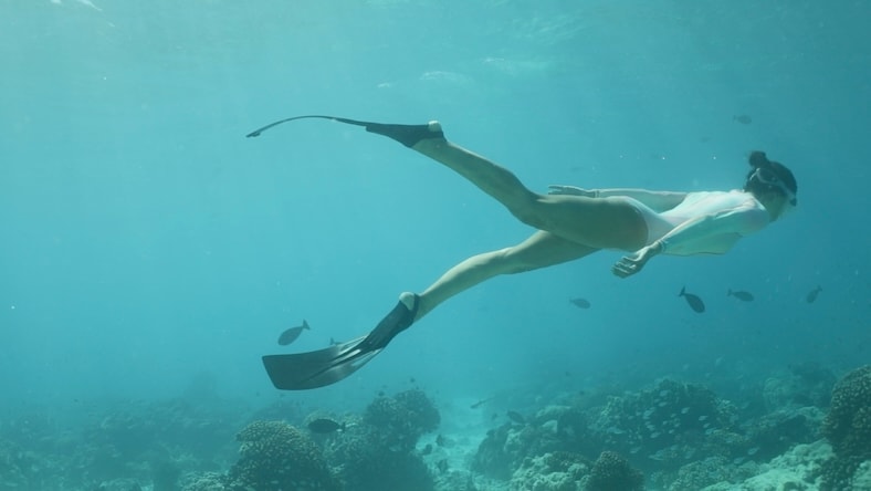 Underwater shot of woman swimming over coral reef wearing Decathlon React diving fins.