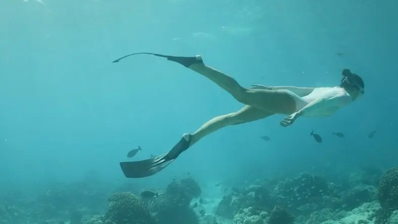 Underwater shot of woman swimming over coral reef wearing Decathlon React diving fins.