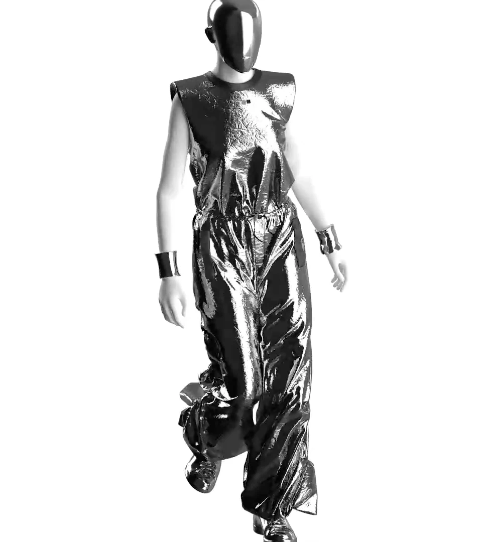 A digital abstract model wearing a reflective fabric bodysuit is walking the runway.