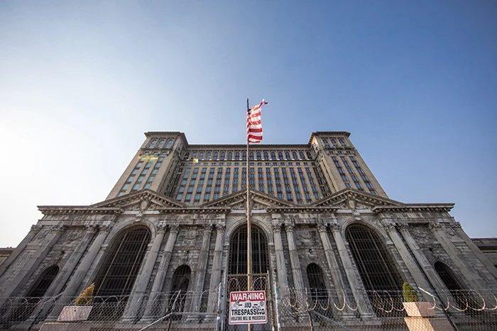 exterior view of Michigan Central Station shot from below on a sunny day