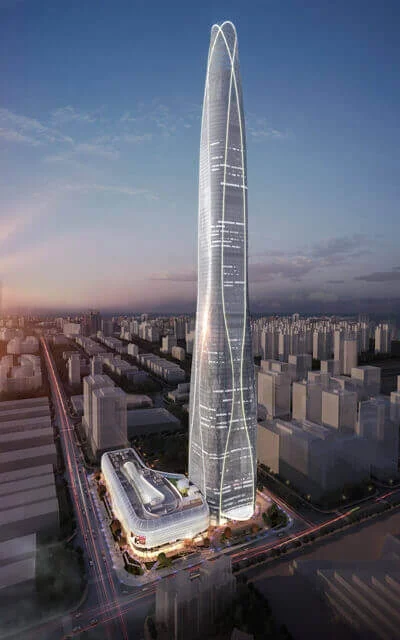 Tianjin Tower exterior view at dawn or dusk